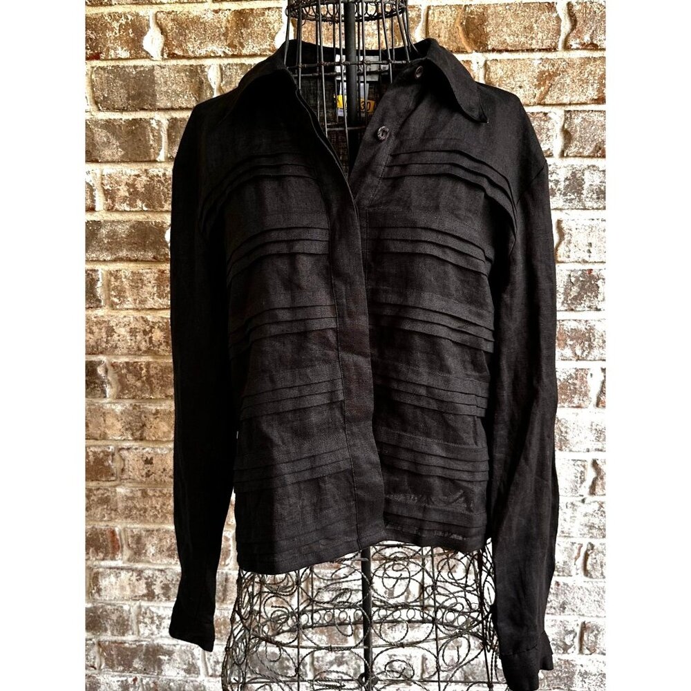 J Song Collection Blouse Sz 8 Black Linen Semi Sheer Pleated Front Hidde…